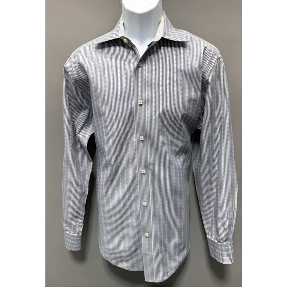 BUGATCHI Shaped Fit Large Blue Geometric Striped Flip Cuff Casual Mens - Picture 1 of 8